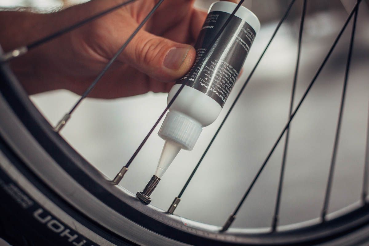 Tubeless sealant is filled in the tyre via the bicycle valve